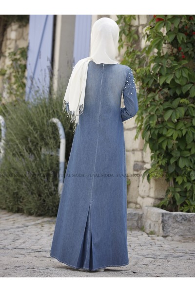 İncili Kot Elbise Koyu Mavi - Piennar